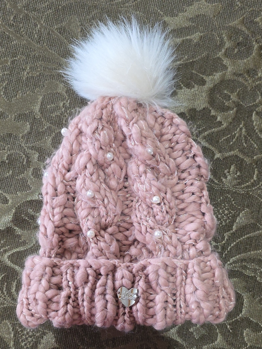 Betsey Johnson Pink Knit Pom Pom Beanie with Pearls